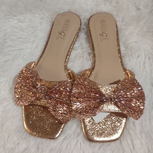 Rose Gold Rhinestone Square Toed Sandals - Picture 2 of 3